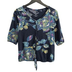 Sonoma Floral Button Front Blouse Womens PS Navy Knit Top Cottagecore Romantic‎